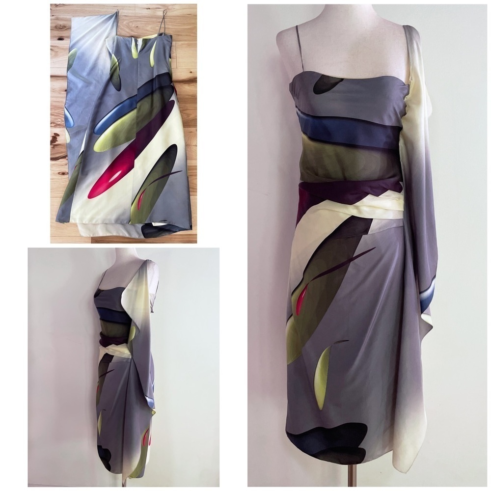 Markus Lupfer Silk Cascading Modern Abstract Artwork Ruched Sheath Dress 4